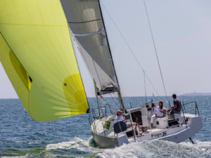 The sea and coastal landscape by sailing ship