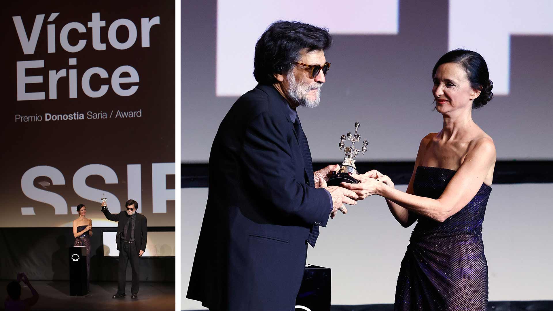 Víctor Erice recoge el Premio Donostia en el Teatro Victoria Eugenia, el mismo lugar donde hace 50 años recibió la Concha de Oro por ‘El espíritu de la colmena’